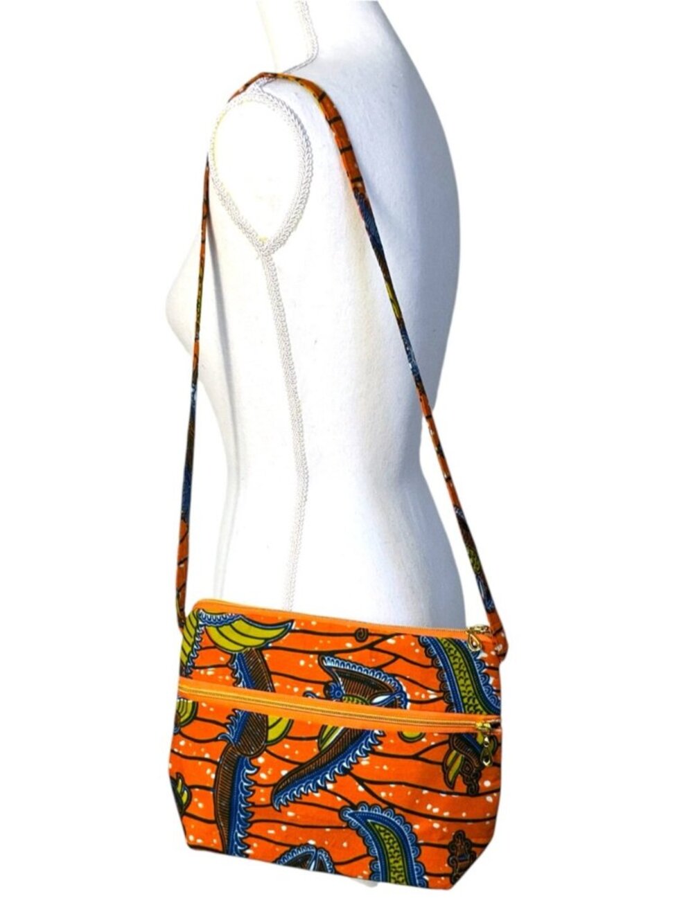 African Print Shoulder Bag Handmade 100% Cotton Orange Multi Aya Fair Trade - Picture 9 of 16